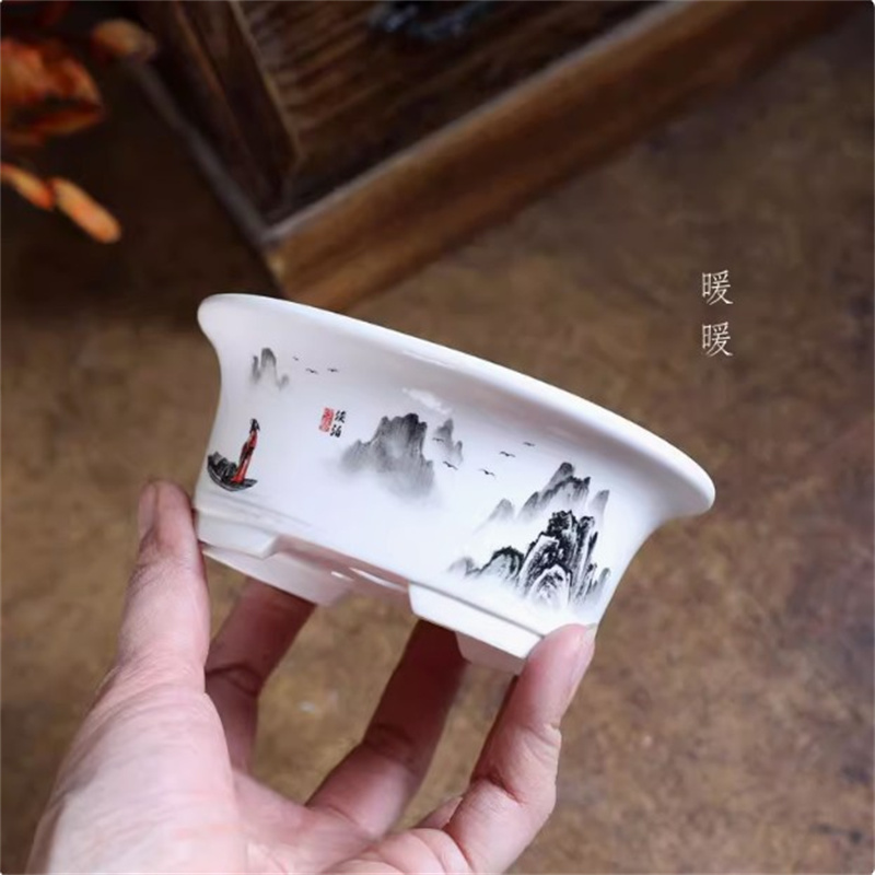 Bonsai Garden Desk - 도자기 흰색 타원형 분재 냄비, 미니